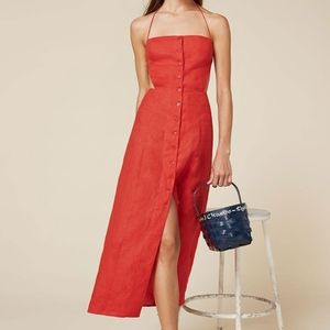 Reformation Manon Red Linen Button Down Open Back Midi Dress